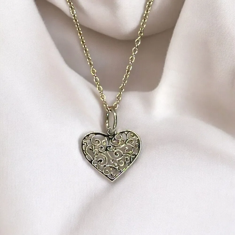 Sterling Silver Heart Filigree Pendant Necklace Open Work Stylish Fashion NEW